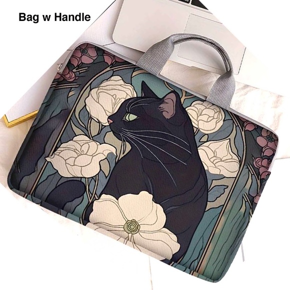 Accessories - Laptop Bag - Black Cat w Peonies